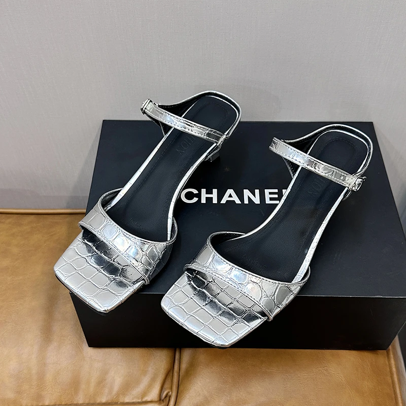 Crocodile Elegant Gold Sier Mule Slippers Woman Square Toe Low Heel Sandals Ladies Summer Slip-on Buckle Dress Shoes c256