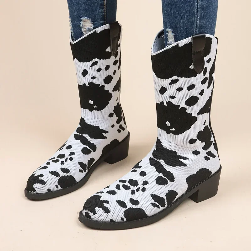 Chunky Women Heels Knitting Walking Winter New Trend Desig Knee High Boots Pumps Breatheable Sock Botas 49c1