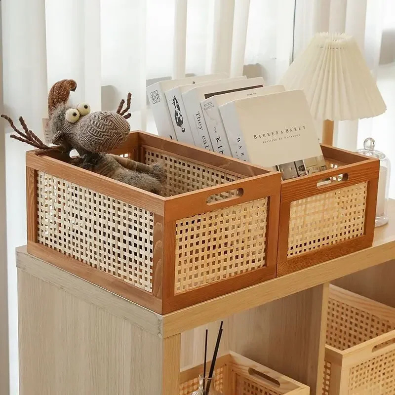 Vintage solid wood storage box desktop Rattan basket book snacks fruit cosmetics organizer box home bathroom kitchen basket 240903