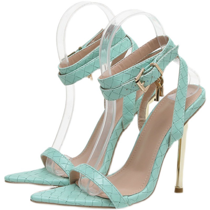 Ankle Strap Women's High Heels Sandals Pointed Open Toe Metal Lock Fine High Heeled Sandals Women Party Shoes Sandalias De Mujer