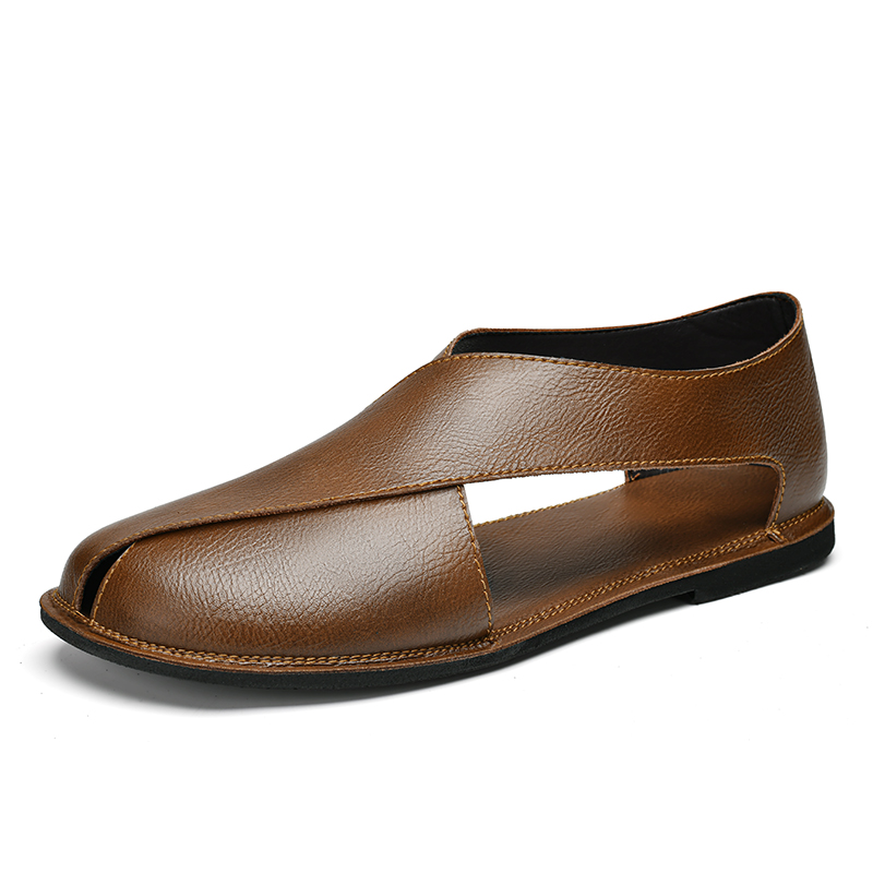 Brown Retro Sandals Mens Leather Shoes Breathable Leather Summer Shoes Hollow Hole Flats Soft Casual Sandals Wading Aqua Shoes
