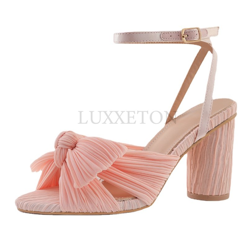 Fashion Summer Solid Sandals High Chunky Heels Open Toe Big Size 46 Butterfly Knot Elegant Weeding Party Women Shoes