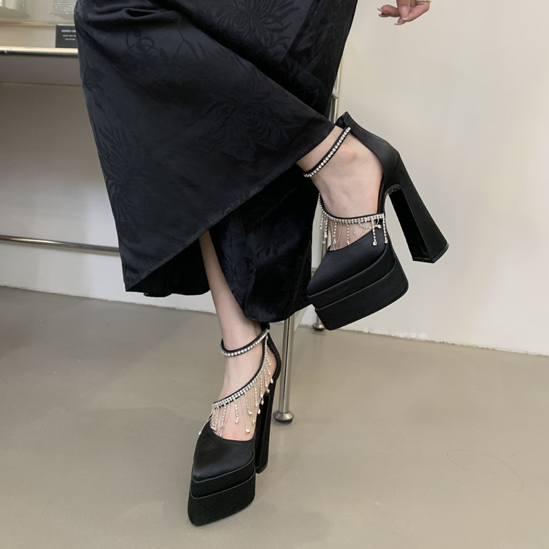 Satin New Tassels Rhies Women Pumps Elegant Pointed Toe Platform Wedges Super High Heels Runway style Party Prom Shoes dae0 0453
