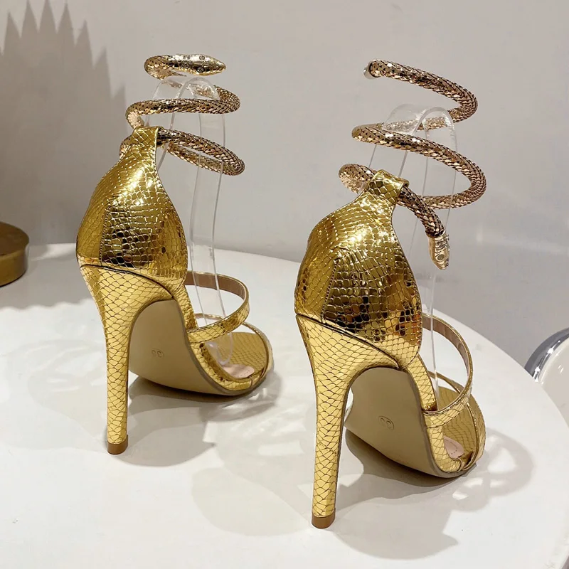 Eilyken Street Style Snake Print Ankle Strap New High Heels Women Sandals 2024 Summer Open Toe Narrow Band Banquet Party Shoes 7783
