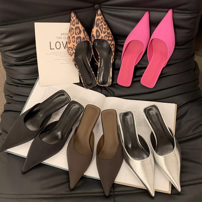 Pointed New Toe Women Mules Slipper Fashion Candy Color Ladies Elegant Dress Sandal Square Low Heel Slip on Slides Shoes 73f6