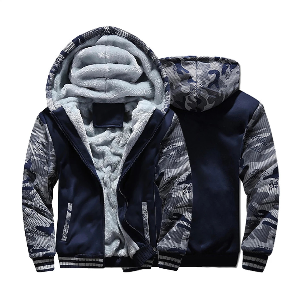 Mens Winter Warm Zipper Jacket Mens Thick Wool Jacket Camouflage Zipper Hoodie Solid Color Street Clothing Outdoor Hoodie 240902