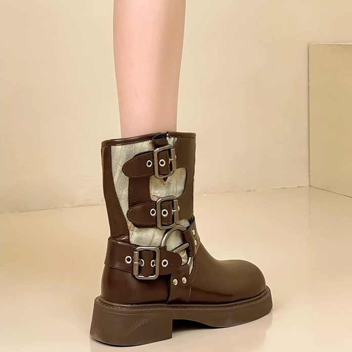 New 2023 Autumn Fashion Denim Camo Ankle Patchwork Fabric Platform Women's Sports Boots 2138