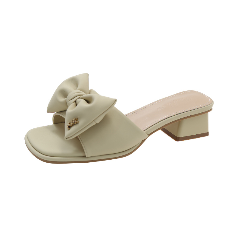 Summer 2024 Slippers Low Heels Slides Female Peep Toe Square Heel Bow Sandals Large Size Solid Color Women Flip-ps 3657