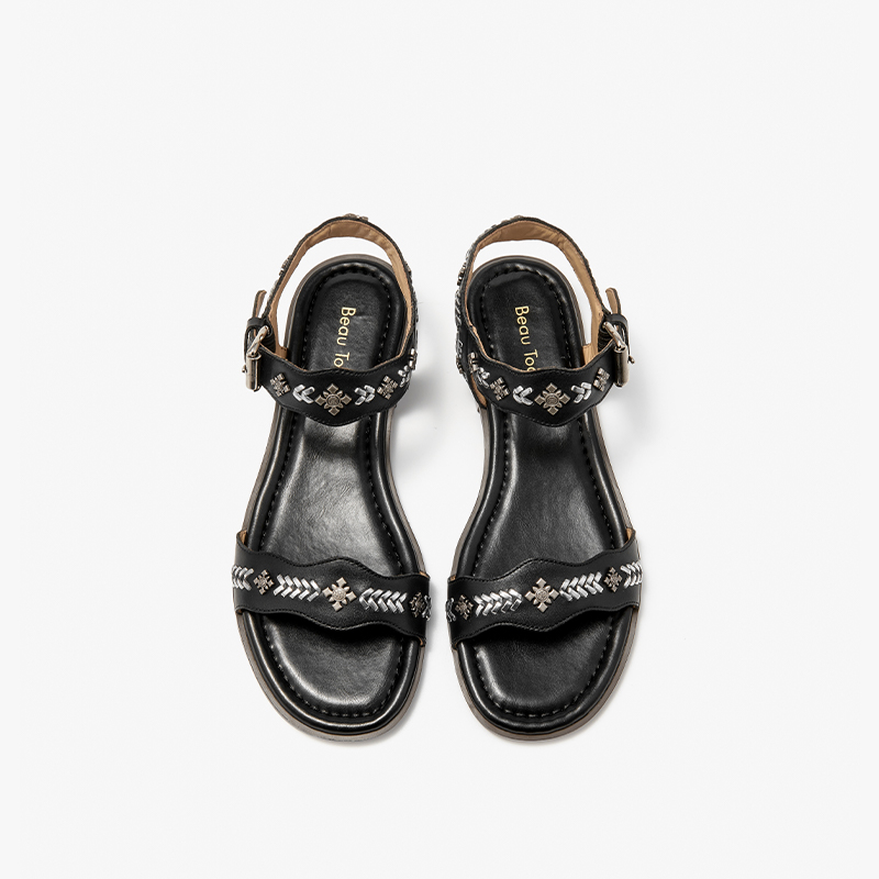 BEAUTODAY Flat Sandals Women Genuine Cow Leather Round Toe Back Strap Metal Decoration 2024 Summer Ladies Shoes Handmade 32438