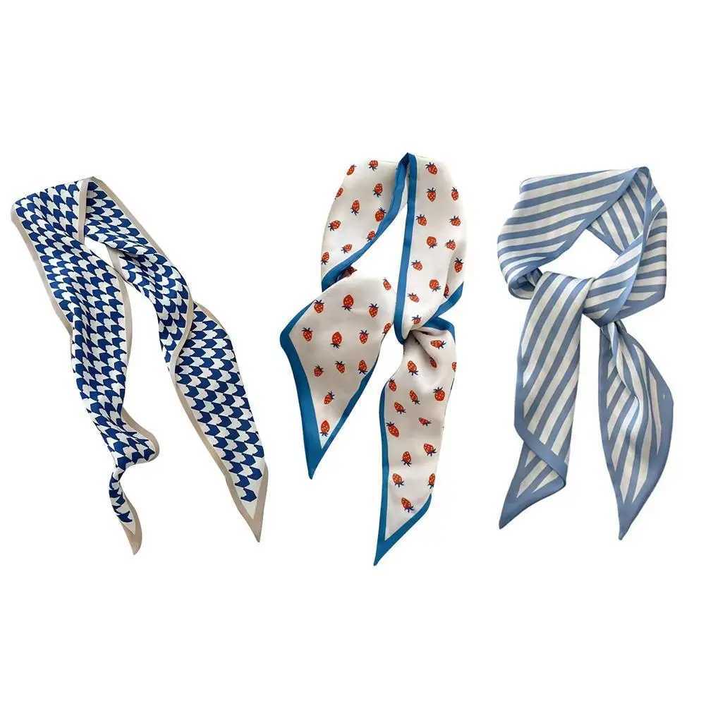 Blue small silk scarf fashionable small Nroken floral decoration tie bag hair tie silk scarf decoration accessories X250319