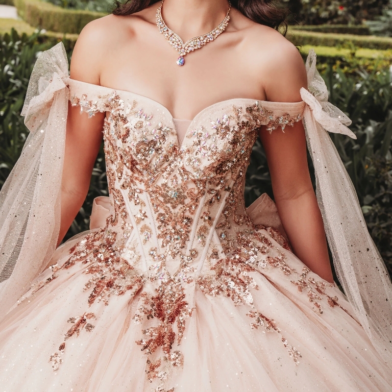 Champagne Shiny Princess Quinceanera Dresses Sequins Lace Appliques Tull Sweet Dress Party Birthday Ball Gown Vestidos 15 De