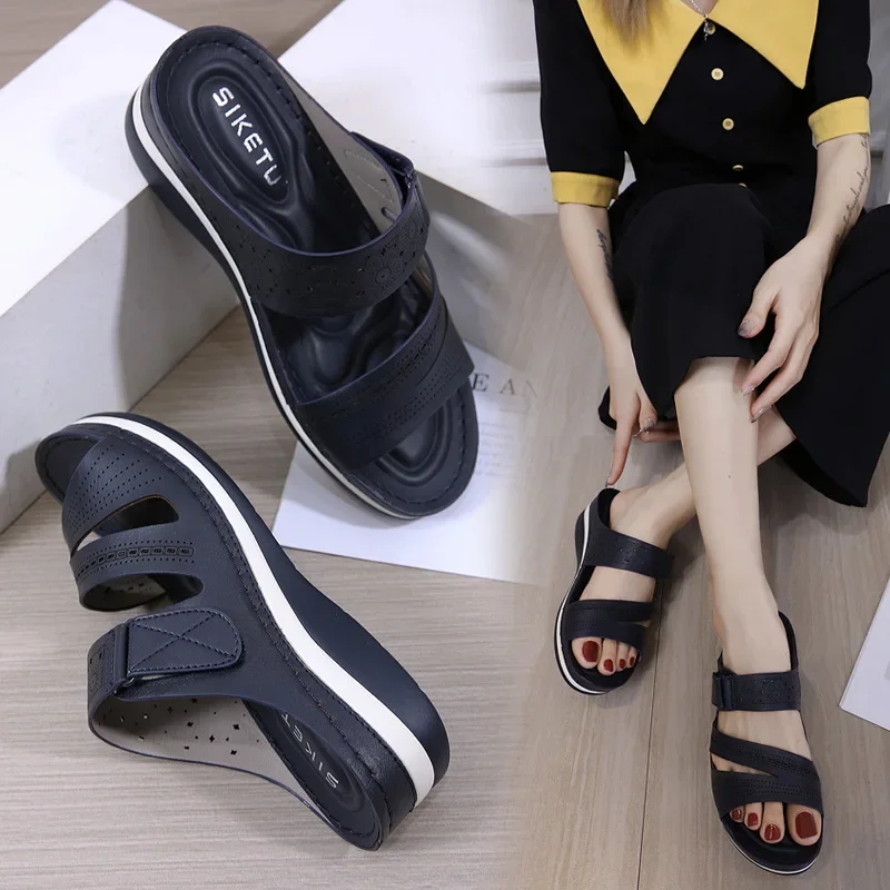 Women for Summer Metal Buckle Sandals Fashion Peep Toe Wedge Casual Thick Bottom Light Comfort Beach Slides ab27 Comt