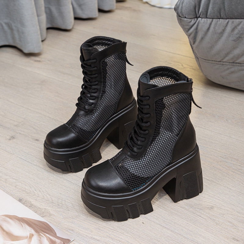 AIYUQI Women Summer Boots Genuine Leather 2024 New Mesh Women Cool Boots 11cm Height Platform Women's Ankle Boots