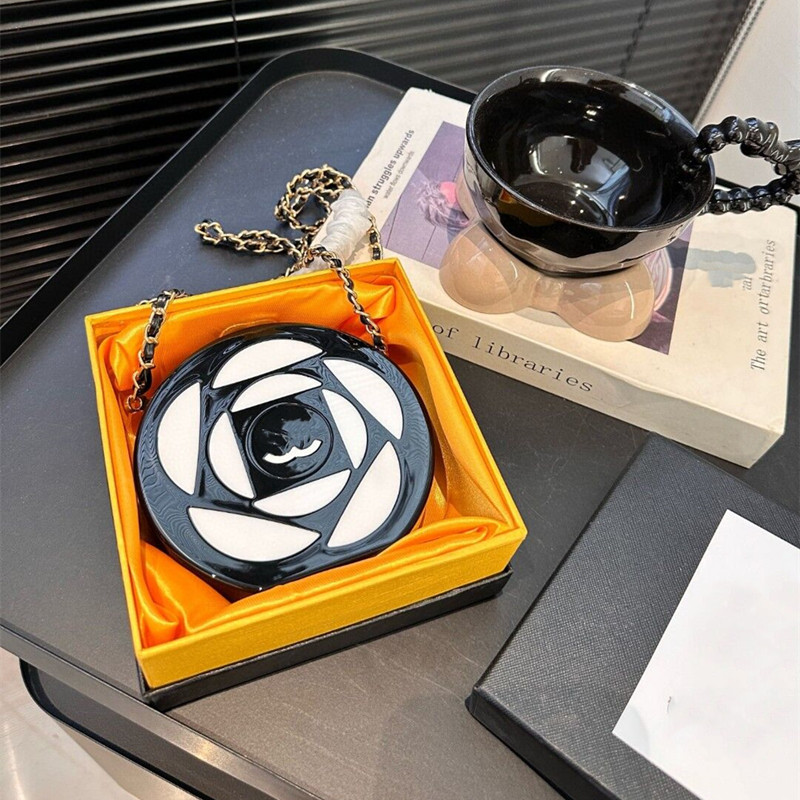 10A Luxury Handbag Classic Evening Clutch Trend Designer Wallet Coin Purse 12CM black and white acrylic glossy small round box, vintage celebrity jewelry makeup box