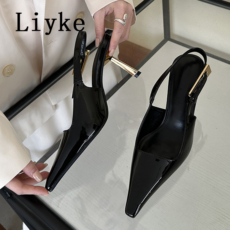 Liyke Designer Narrow Band Buckle Strap Pumps Women Sexy Pointed Toe Thin Heels Wedding Banquet Dress Mule Ladies Shoes Sandals