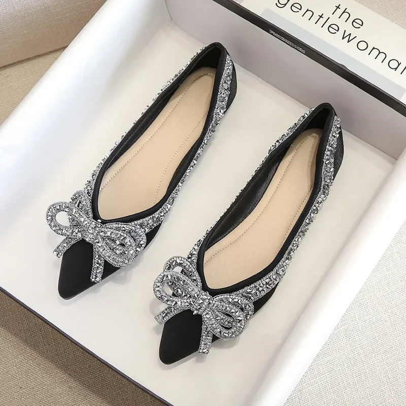 2025 NEW Flats Ballet for Women Fashion Rhies Bow Flat Footware Female Plus Size Moccasin Boat Shoes Chaussure Femme a