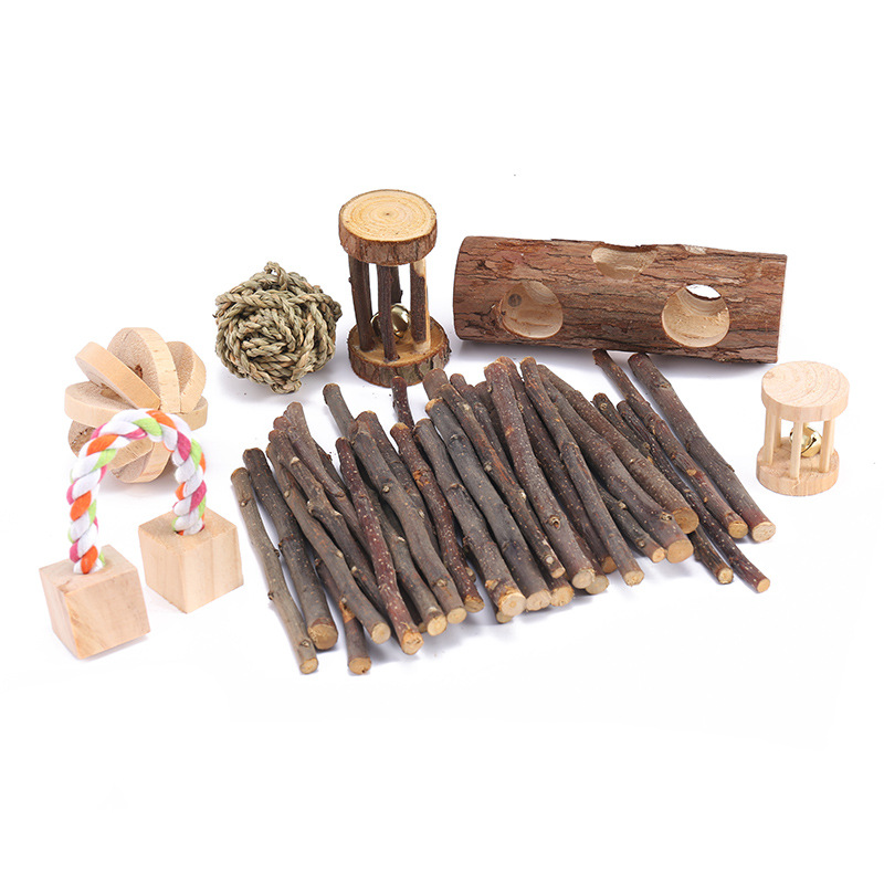 Hamster Chew Toy Set Natural Wooden Hamster Bell Roller Toys Accessories for Cage Guinea Pig Chew Toy Teeth Small Animal Toy