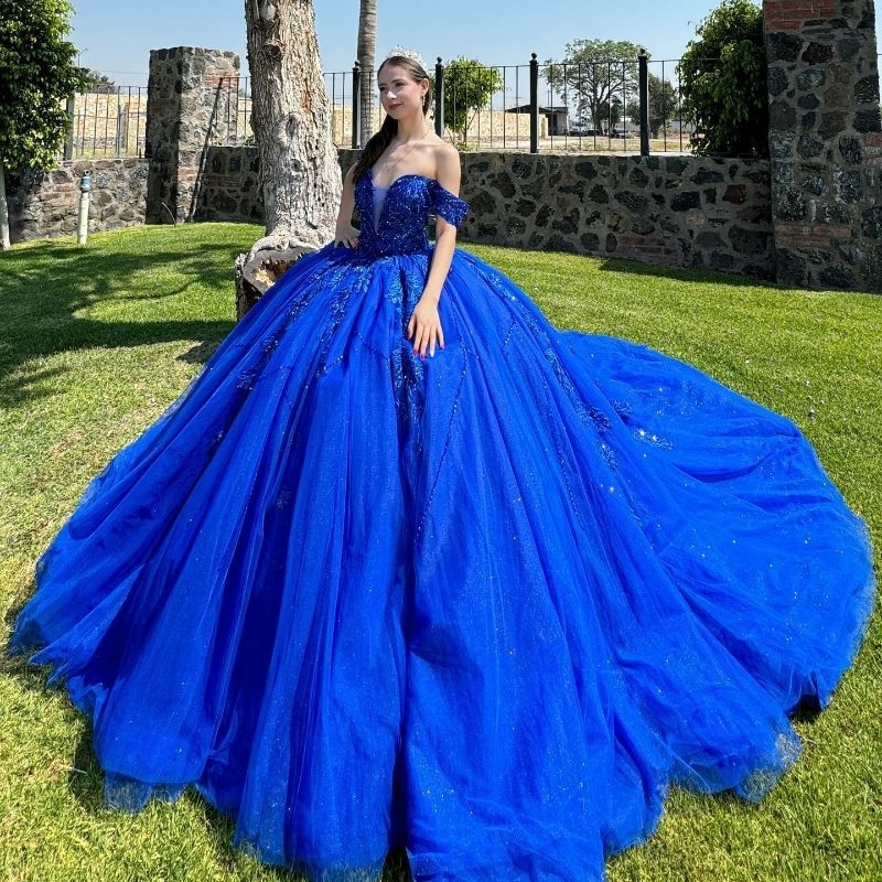 Royal Blue Shiny Ball Gown Quinceanera Dresses Off The Shoulder Appliques Lace Beads Tul Birthday Party Vestido De 15 Anos Sweet 16 Dress