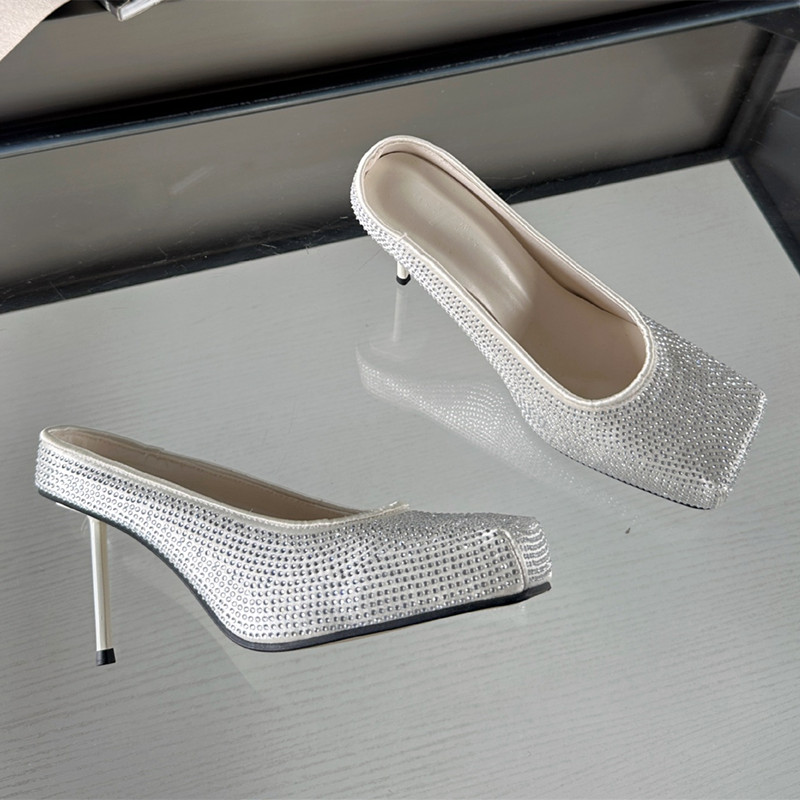 2025 new Satins Crystal Square Toe Mules for Women New Slide Slippers Sexy Thin High Heels Shoes Party Banquet Ladies Pumps c836