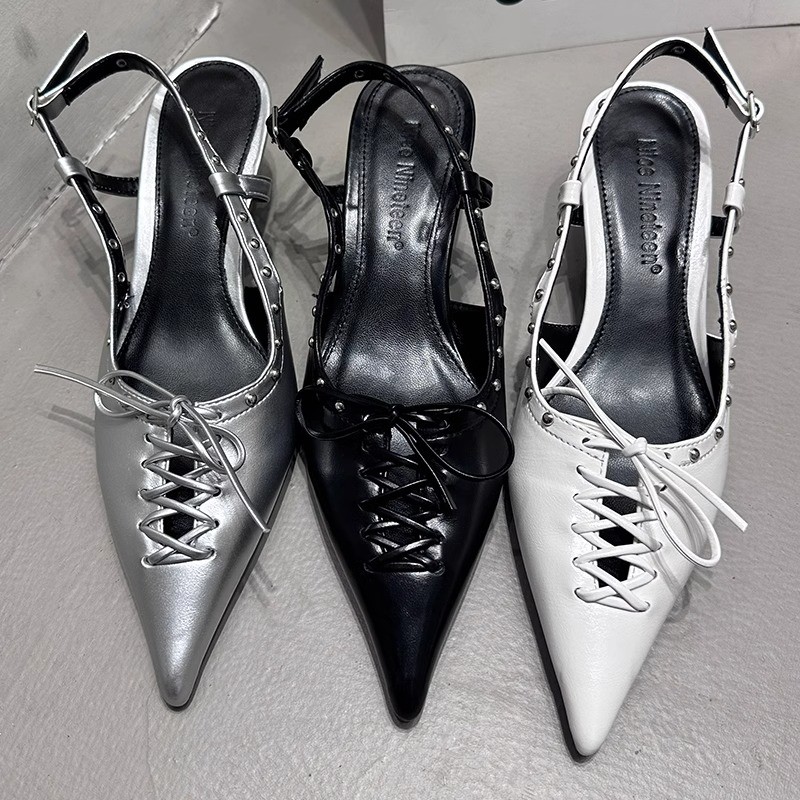 bow-wrapped Strap sandals 2024 summer new temperament pointed head after empty low heel shoes stiletto high heels women 62f0 s