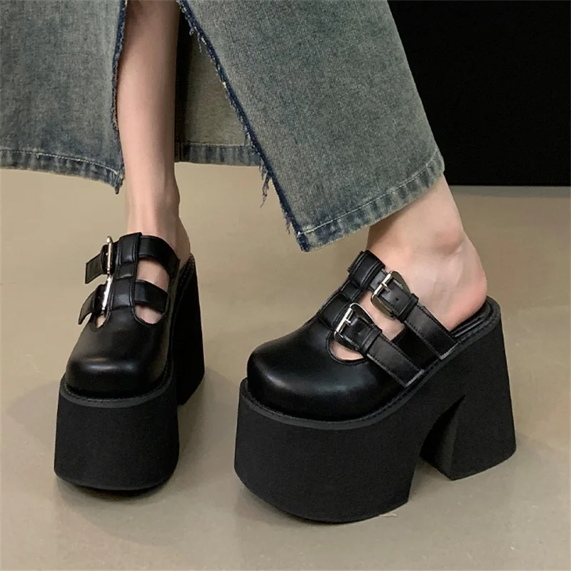 Eilyken Fashion Belt Button Narrow BandHigh Heels Women Slippers Sexy Trendy Chunky Platform Ladies Mule Pumps Shoes 4d53 251