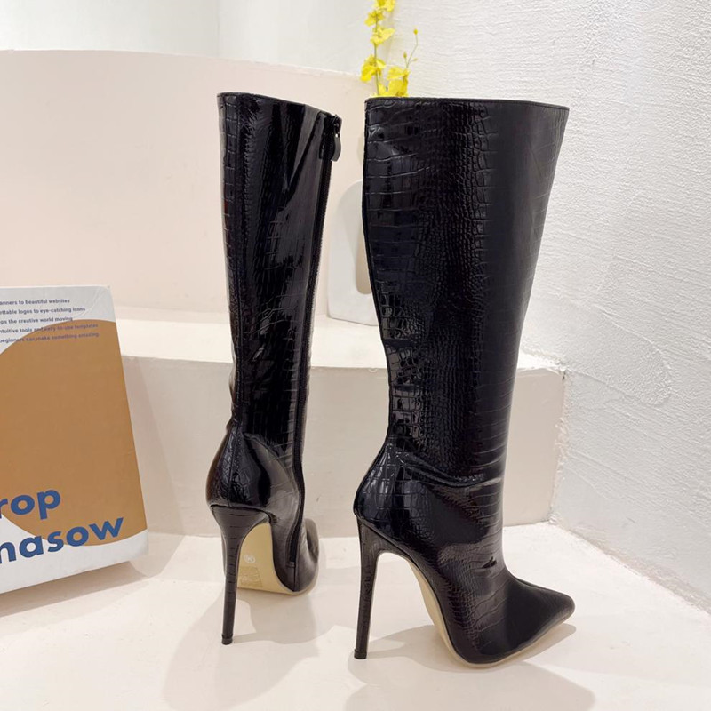 Snake pattern Fashion Patent Leather Women Knee-High Autumn Winter Concise Stiletto High heels Long Boots Shoes Botas 3861