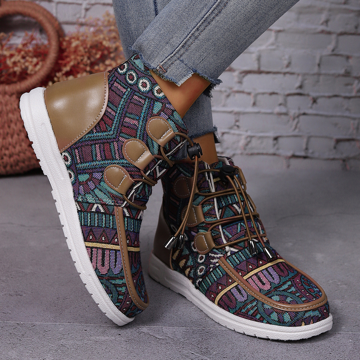 Print Women Platform Flats Ankle Femme Casual Lace Up Boots New Winter Design Fashion Walking Shoes atos Mujer e675