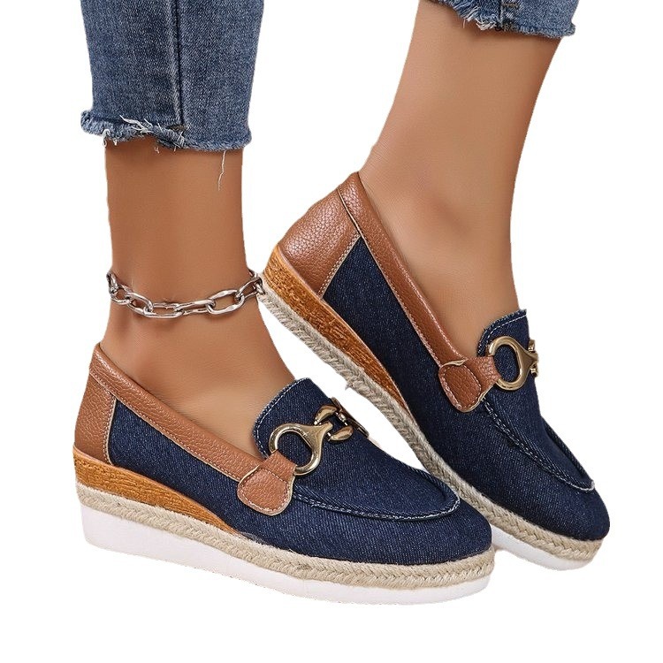 Large size womens 2024 summer new style metal buckle round toe flat casual cloth single shoes 36-42
