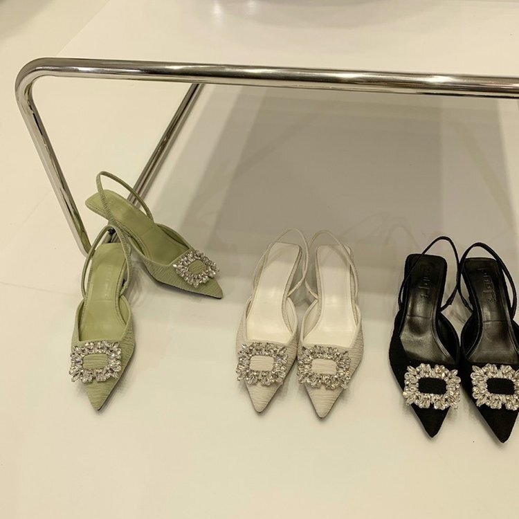 designer heels women Baotou Sandals Women's 2024 New Summer Water Diamond Square Buckle Fairy Wind Back Air French Thin Heel High Heel Pointed Si