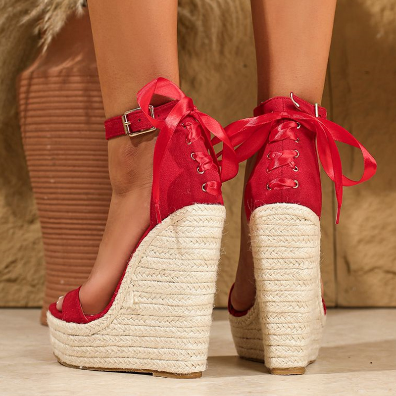 Summer Liyke Fashion Red Silk Lace New Up Cover Strap Women Platform Wedge Sandals Cozy Open Toe Super High Heels Party Dress Shoes