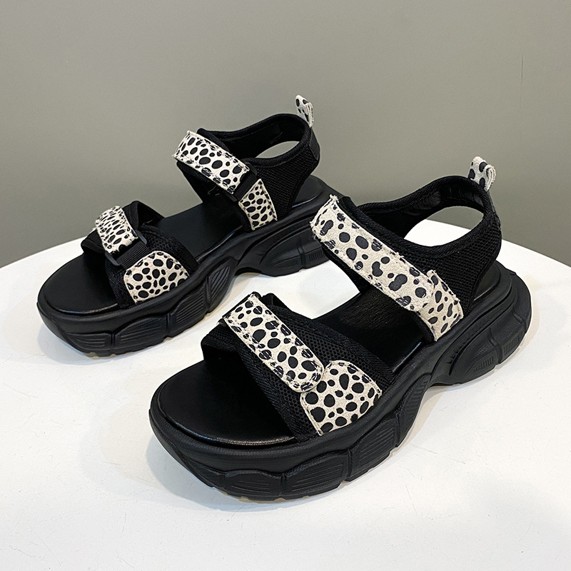 Leopard Hook Loop Platform Sandals Women Mesh Knitting Thick Bottom Sandals Woman Summer Wedges Non-Slip Sports Sandalias Mujer