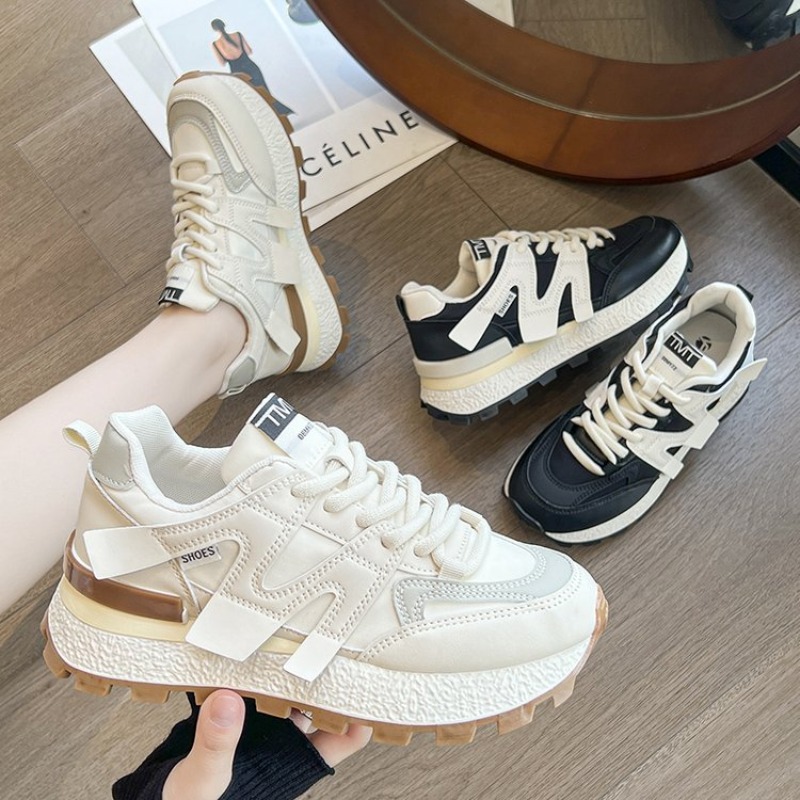 New 2024 PU Leather Women's White Casual Woman Vulcanize Sneakers Thick-soled Sport Walking Running Platform Flats Shoes f9db