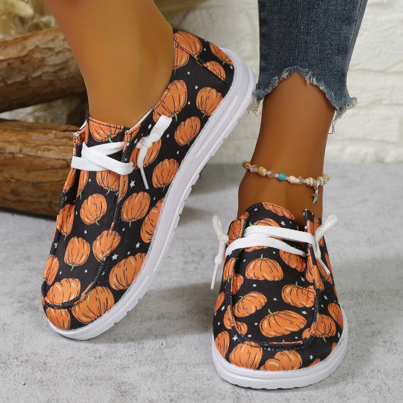 Halloween Print Pumpkin Flats Women 2024 Spring Autumn Canvas Woman Design Lace Up Cotton Shoes Plus Size 43 0e22 fcf5