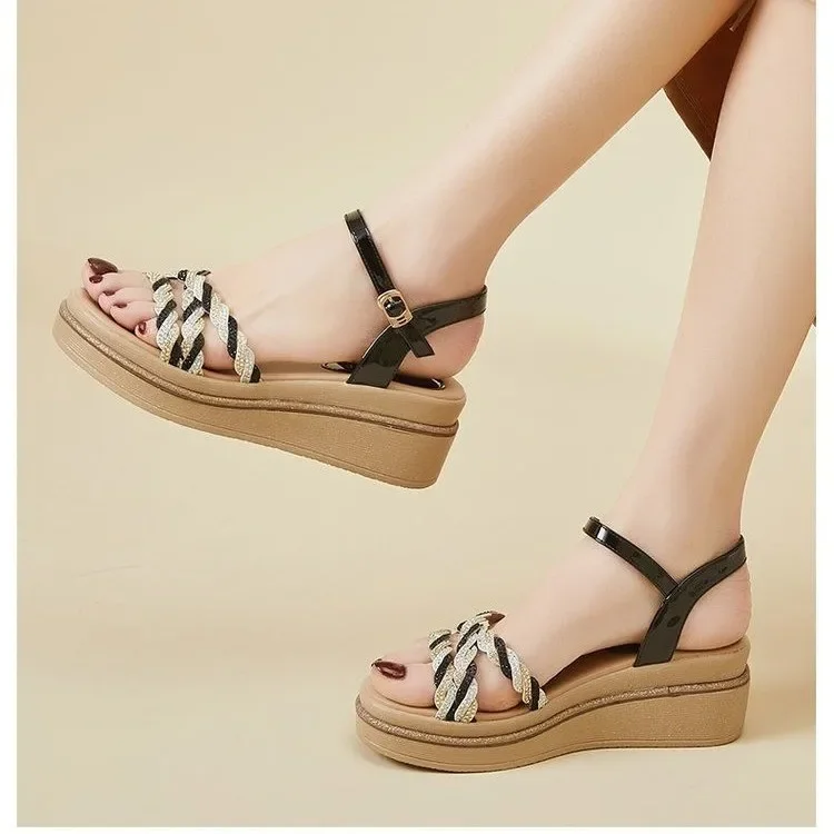 Women's 2024 Open Toe Gold Rhie Female Summer Fashion Thick Bottom Slope New with Ladies Sandals Women Shoes 791e