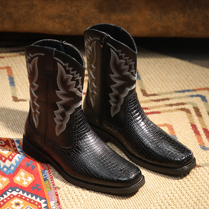 Men's Classic Retro Riding Boots Mens Embossed Leather Embroidery Mid-Calf Boots Men Western Cowboy Boots High-top Casual Shoes