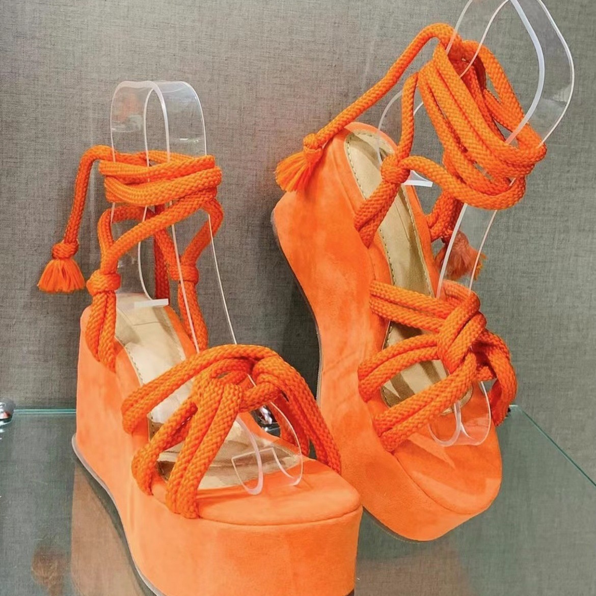 Summer 2024 New Platform Wedge New Sandals for Women Fashion Round Cross Tied Height Increase Open Toe Femme Sandal Plus Size 43 a504