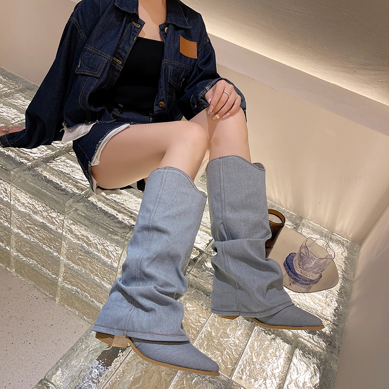 Pleats New Blue Denim Thigh High for Women Autumn Thick Heeled Pointed Toe Cowboy Woman Slip on Western Long Boots d559 Lg