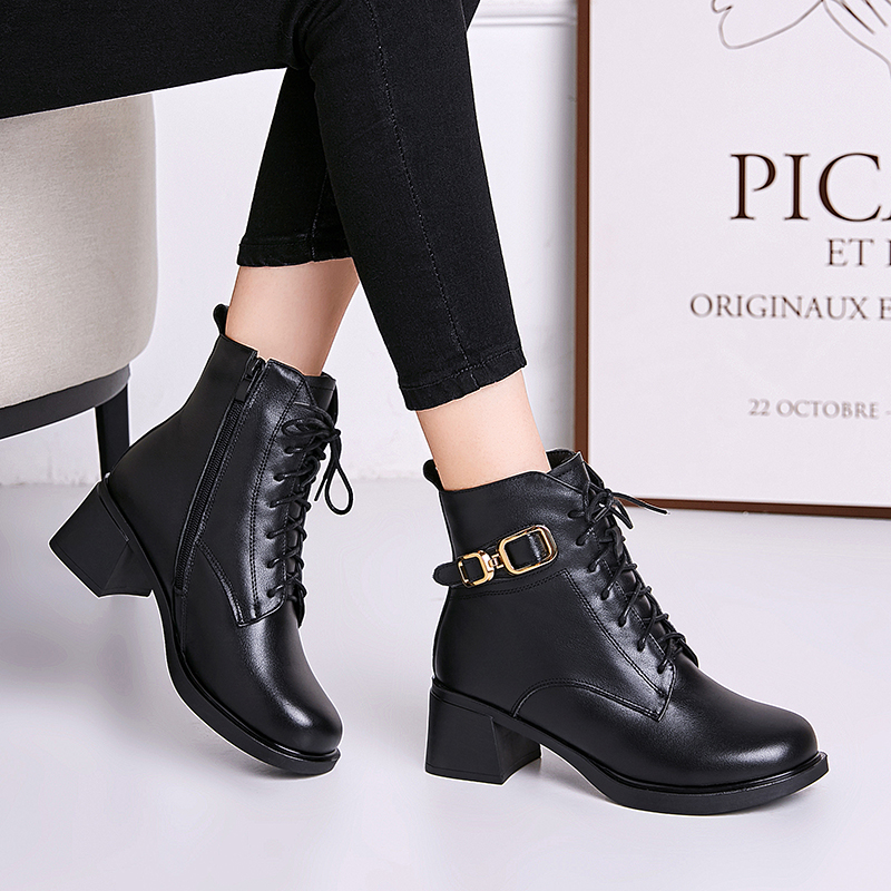 AIYUQI Winter Boots Women Wool Warm 2024 New Genuine Leather Women Marton Boots British Style Lace-up Large Size Booties Women