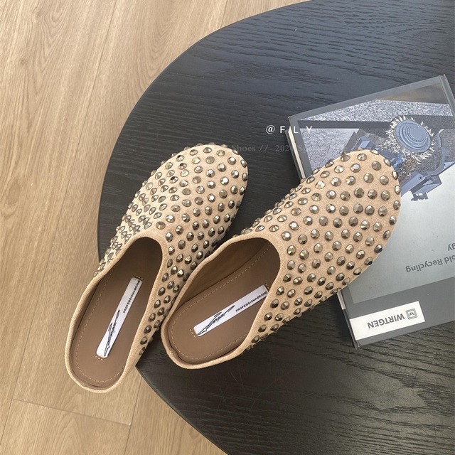 Women Summer Punk Metal Rivet Charms Black PU Mules Outdoor Platform Modern Slippers Casual Shoes For Female 7f1