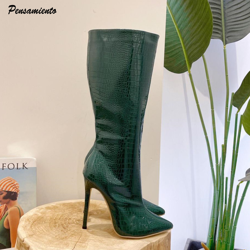 Snake pattern Fashion Patent Leather Women Knee-High Autumn Winter Concise Stiletto High heels Long Boots Shoes Botas 3861