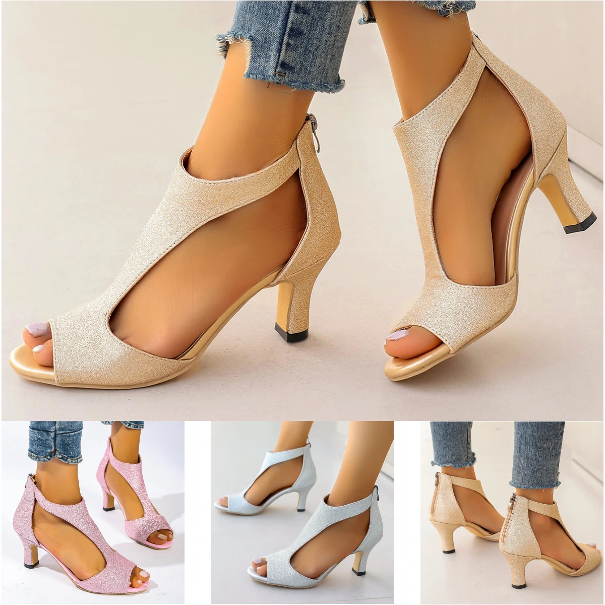 Women Roman Sandals Medium Heel High Heels Big Size 42 43 Summer 2024 Fish Toe Stiletto Gold Silver Pink Purple Elegant Designer