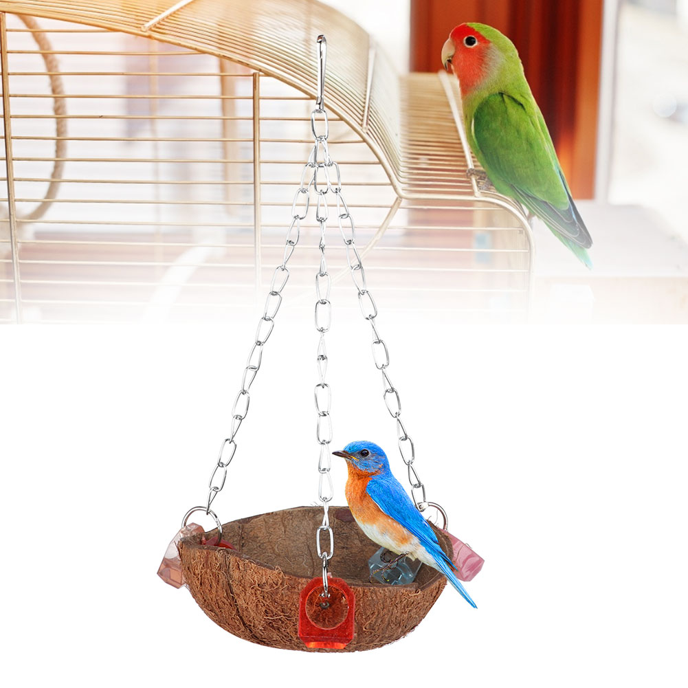 Pet Birds Toy Squirrel Coconut Shell Hanging Basket Sling With Acrylic Rings For Parrot Hammock