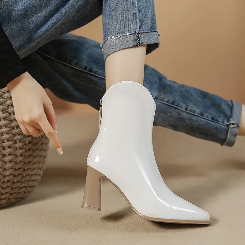 Heel Thick Pointed Women Ankle Boots Patent Leather High Quality Single Shoe Design Autumn New British Style Women's Shoes 6fc2 's s