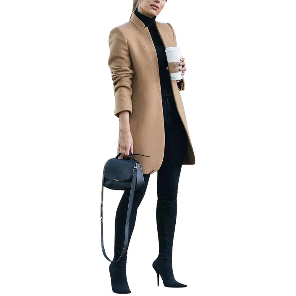 High Quality Fashion Women Winter Solid Long Sleeve Jacket Stand-up Collar Faux Wool Coat Wool Blends Coats Autumn Winter 240830