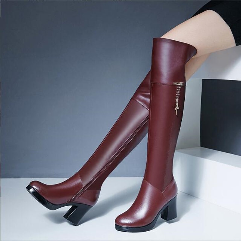Women's Knee Length Boots 2024 New Genuine Leather Long Boots Women Winter Fur Knee Boots High Heel Women Motorcycle Boots