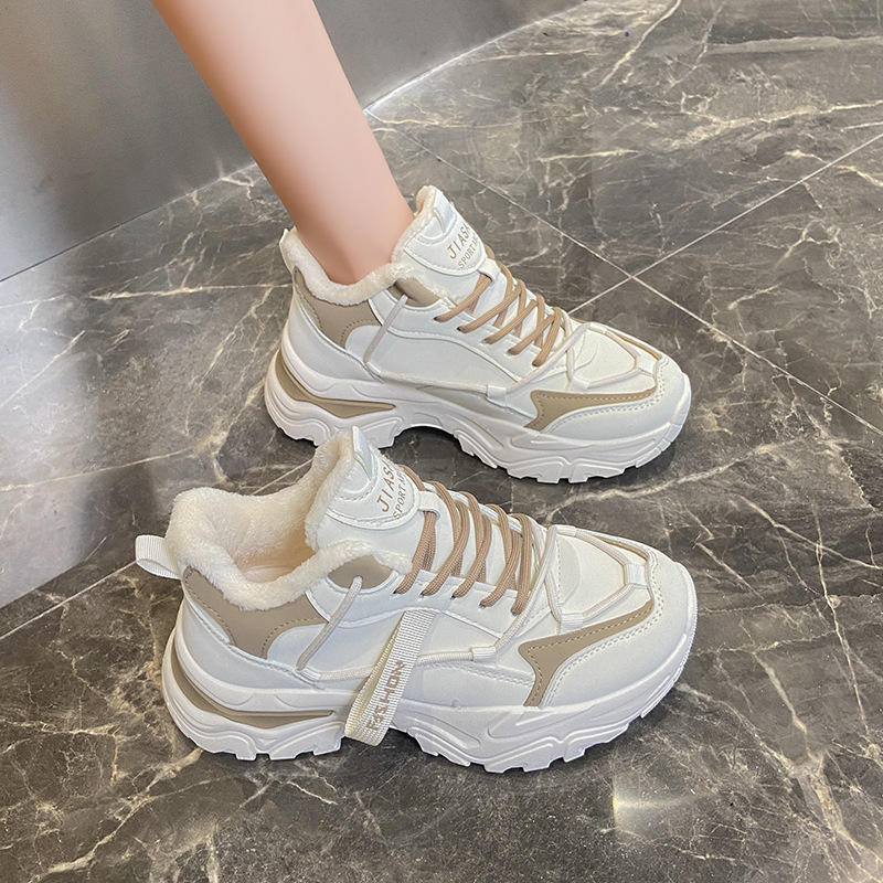 Winter Plus Veet Dad for Women's Korean Version Warm High-top Lace Up Sneakers Ladies Casual White Cotton Shoes