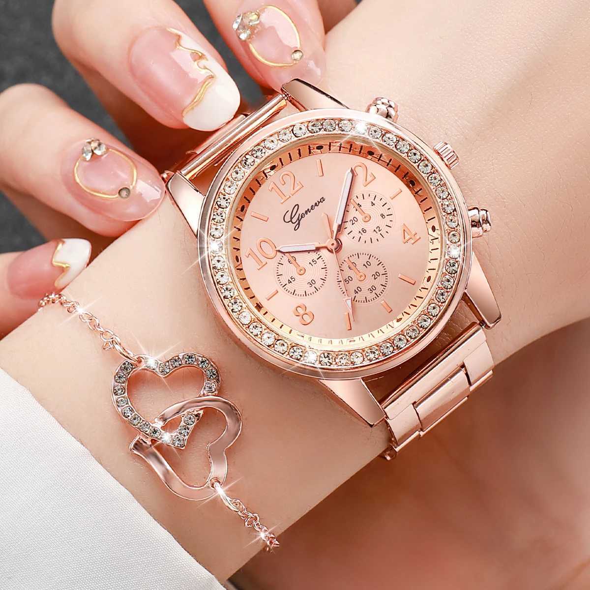 6-piece/set womens fashionable Rhinestone stainless steel with quartz double heart jewelry set (no box) W250104