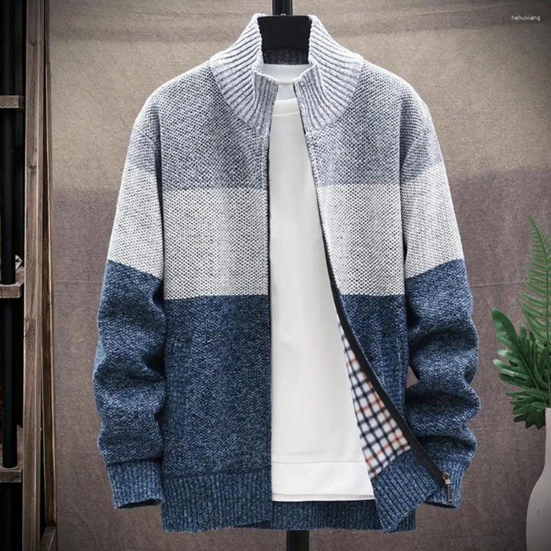 Men's Sweaters, Zip-Up Knitted Coat With Plush Ing, Stand Collar, Color Block Design, Daily Casual Outwear