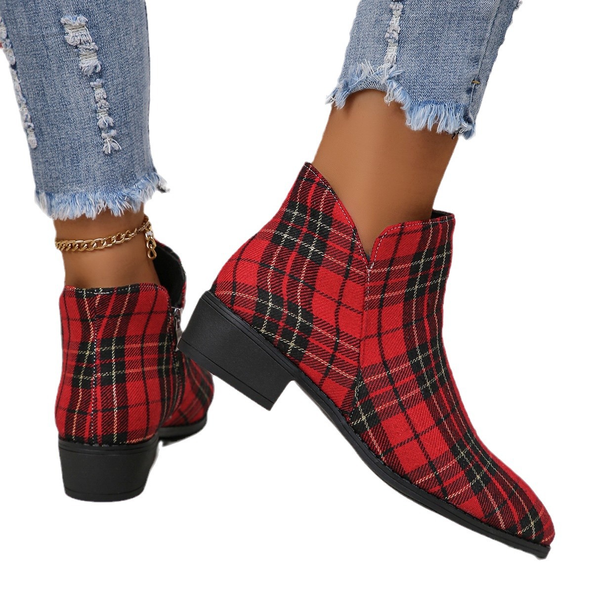 Ankle 2024 Women's Christmas Print Zipper Retro Red Plaid Boots Outdoor Platform Shoes Classic Side Booties d7db