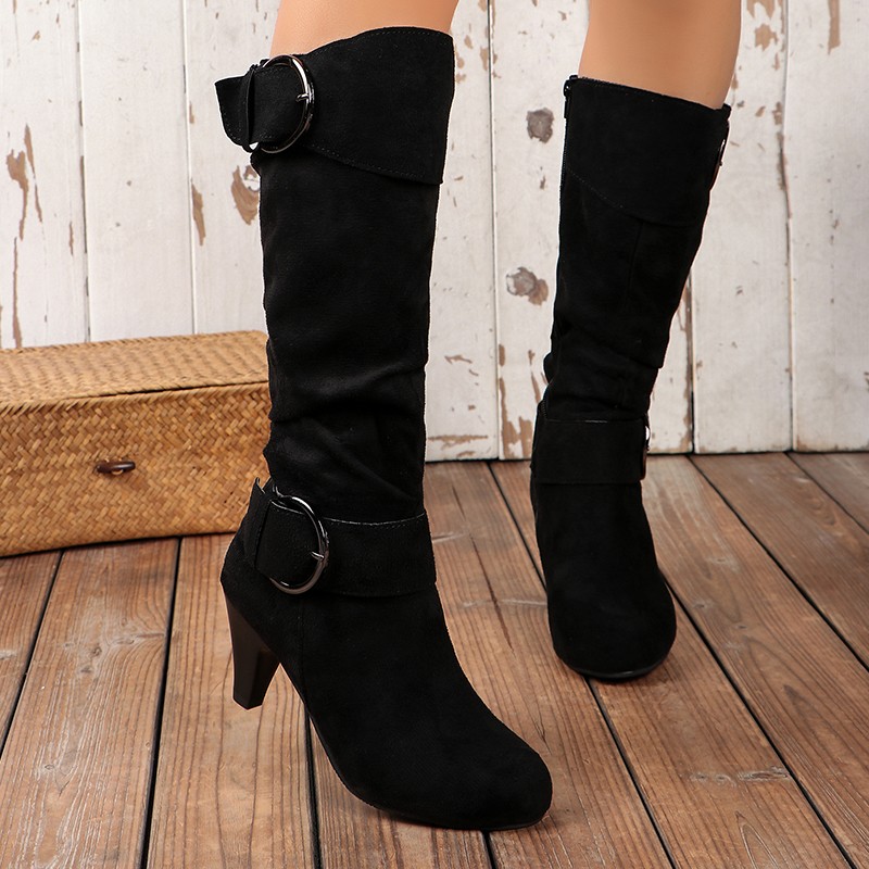Womens Mid-Calf Boots 2024 Winter Designer Fashion High Heel Shoes Luxury Faux Suede Elegant Lady Western Side Zip Casual Buckle